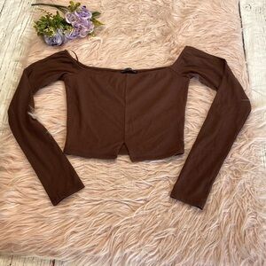 Naked Wardrobe Brown Ribbed Crop Long Sleeve Slit Top sz M